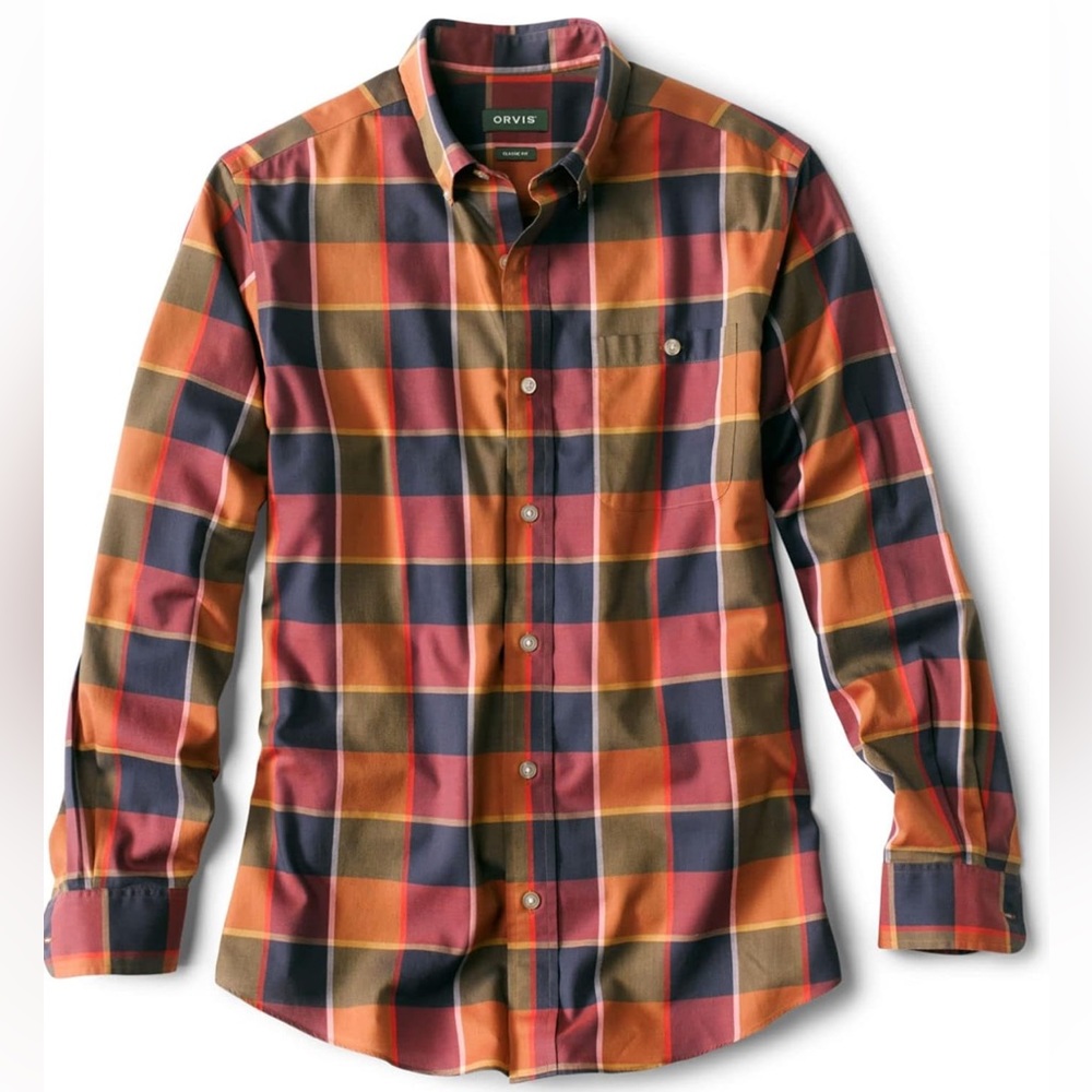 Orvis Mens ButtonDown Plaid Classic Fit Shirt Fall Colors Plaid Size M Tall EUC